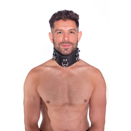 Prowler RED Leather Posture Collar Black S M worn by a man, showcasing stylish design and structured support.