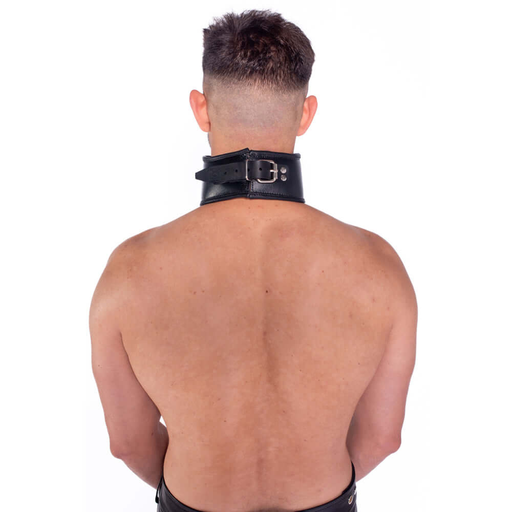Prowler RED Leather Posture Collar Black S M worn from the back, showcasing its stylish and structured design.