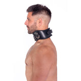Prowler RED Leather Posture Collar Black L XL worn by a shirtless man, showcasing stylish neck support.