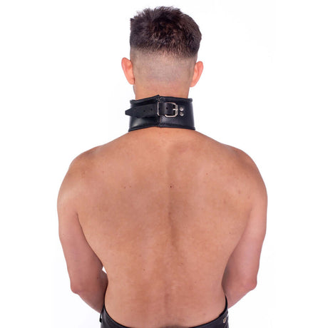 Prowler RED Leather Posture Collar Black L XL worn by person from the back, showcasing elegant neck support design.
