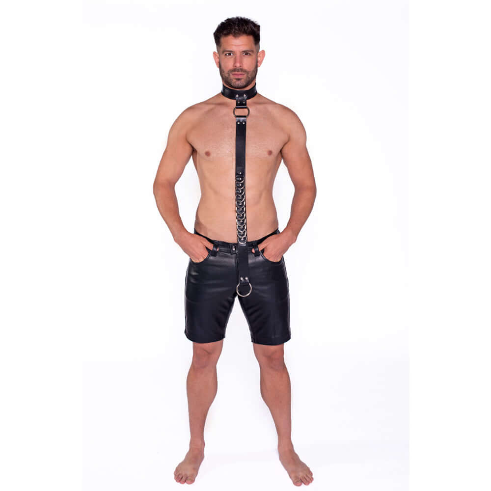 Prowler RED Leather Collar with Strap Black worn by a model, showcasing its stylish design and adjustable fit.