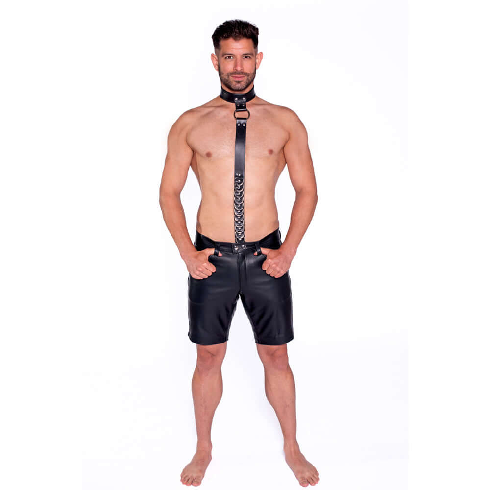 Model wearing Prowler RED Leather Collar with Strap Black, showcasing a stylish black leather accessory.