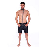Model wearing Prowler RED Leather Collar with Strap Black, showcasing a stylish black leather accessory.
