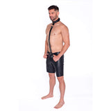 Model wearing Prowler RED Leather Collar with Strap Black, showcasing high-quality leather and bold design.
