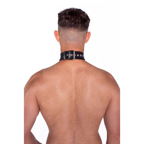 Prowler RED Leather Collar with Strap Black showcased on a model from the back, highlighting the sleek design and adjustable fit.