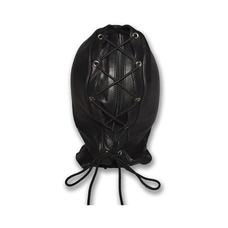 Prowler RED Leather Double Hood with Front Zipper showing its black leather texture and laced design from above.