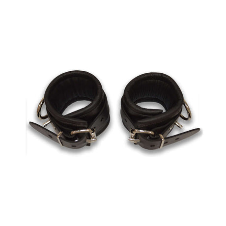 Prowler RED Leather Lockable Ankle Restraints L XL in black, durable and comfortable for BDSM play.