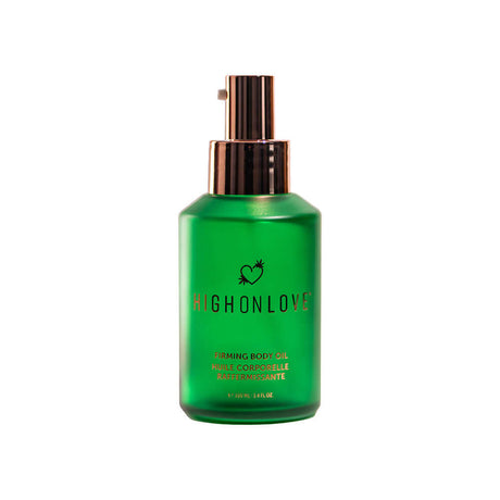 HighOnLove Firming Body Oil 100 ml in a sleek green bottle with a pump for nourishing skin.