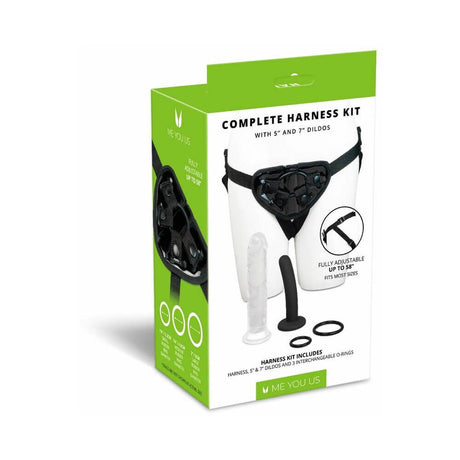 Me You Us Complete Harness Kit 5 & 7 inch Dildos packaging showcasing adjustable harness and included dildos.