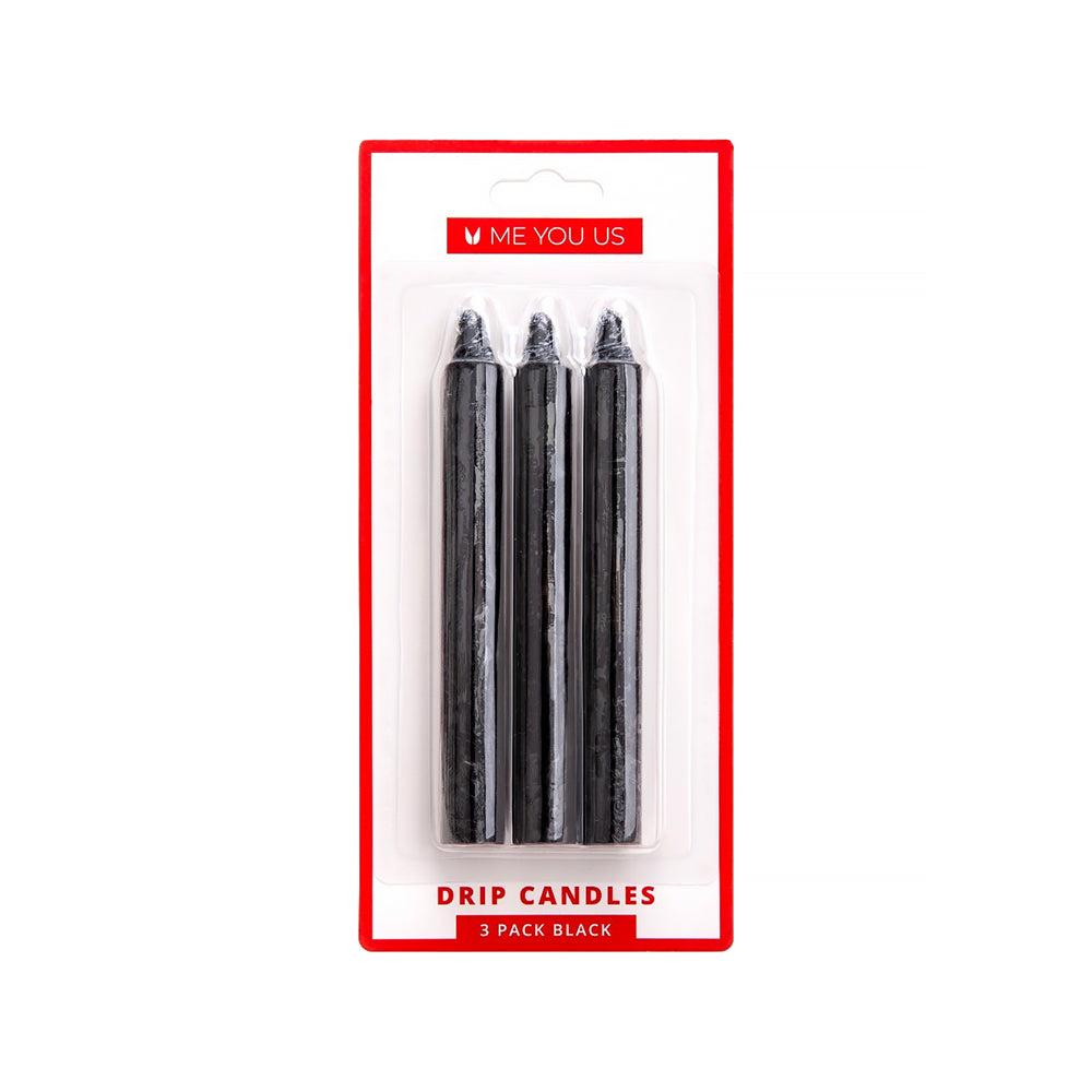 Me You Us Drip Candles 3 Pack Black displayed in packaging for wax play and BDSM applications.