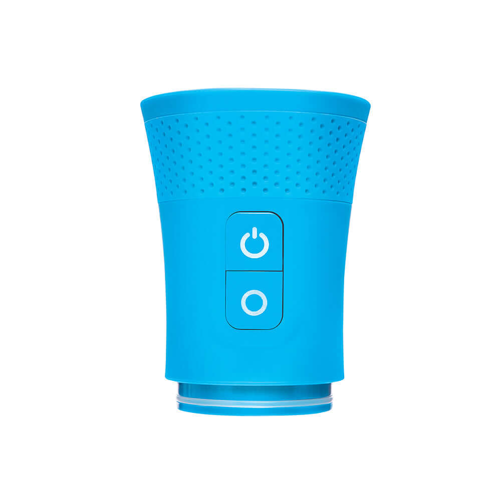 Me You Us Pro Rechargeable Penis Pump in bright blue color with control buttons for enhanced performance.