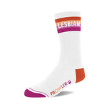 Prowler Lesbian Socks showcasing vibrant design in white, purple, and orange, promoting LGBTQ+ pride and inclusivity.