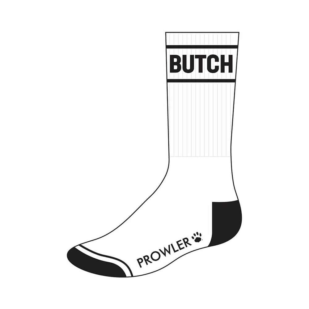 Prowler RED Butch Socks featuring a black and white design with "BUTCH" on the band and "PROWLER" on the side.