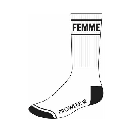 Prowler RED Femme Socks showcasing a stylish white design with bold 'FEMME' text and logo.