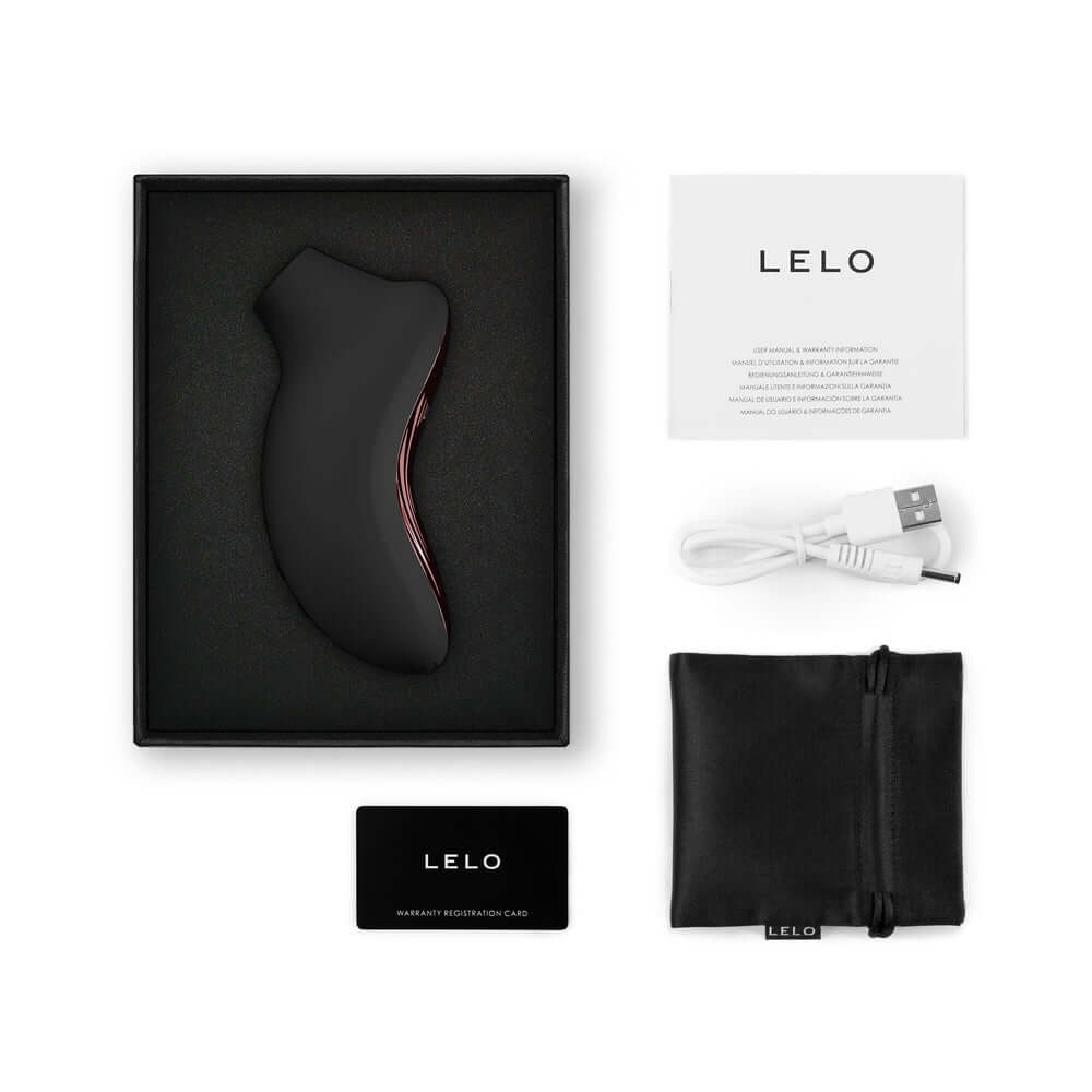 LELO SONA 3 Cruise Clitoral Stimulator Black in packaging with accessories and instruction manual