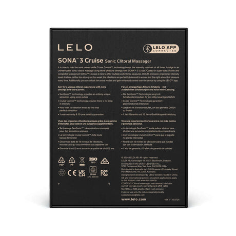 LELO SONA 3 Cruise Clitoral Stimulator Black packaging featuring product details and technology descriptions.