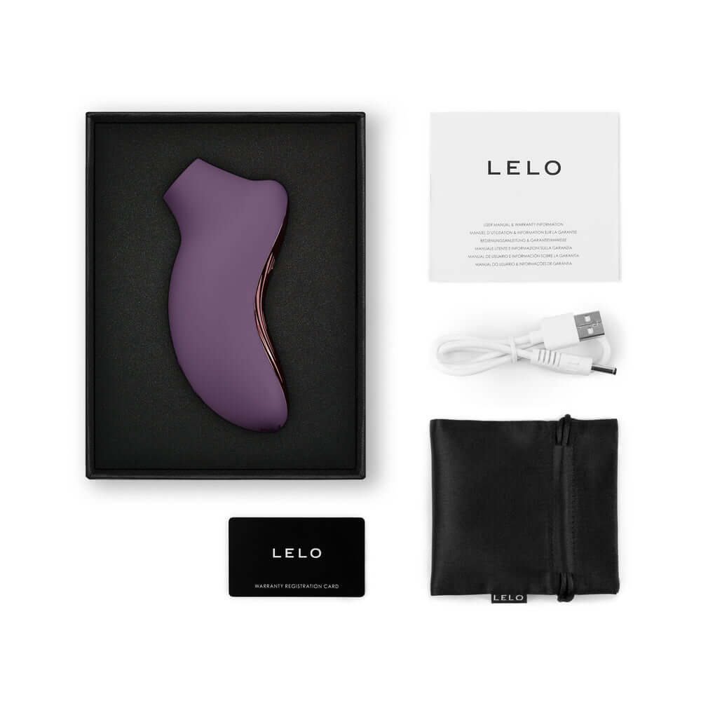 LELO SONA 3 Cruise Clitoral Stimulator Plum in packaging with accessories and card