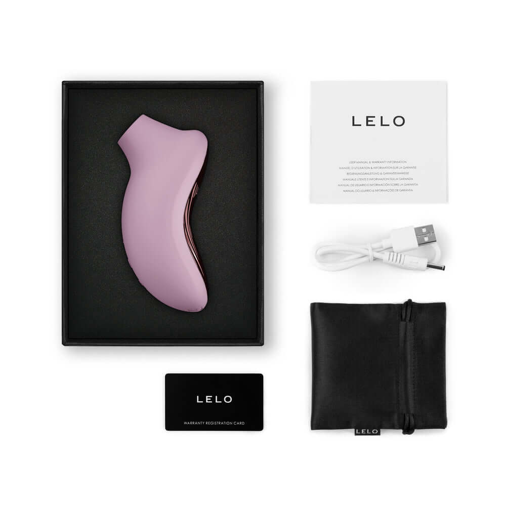 LELO SONA 3 Cruise Clitoral Stimulator Soft Pink in its packaging with accessories.