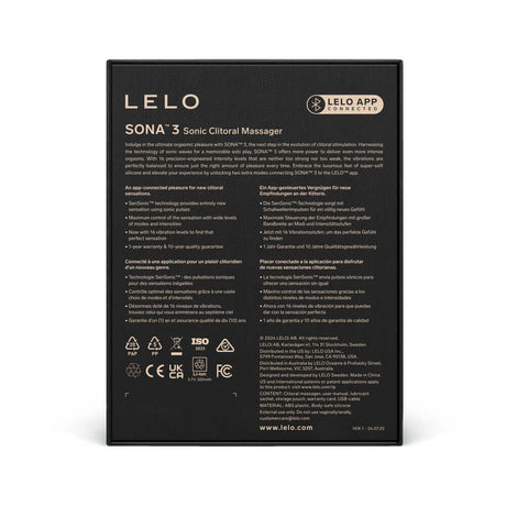 LELO SONA 3 Sonic Clitoral Massager Cream packaging with product description and specifications.