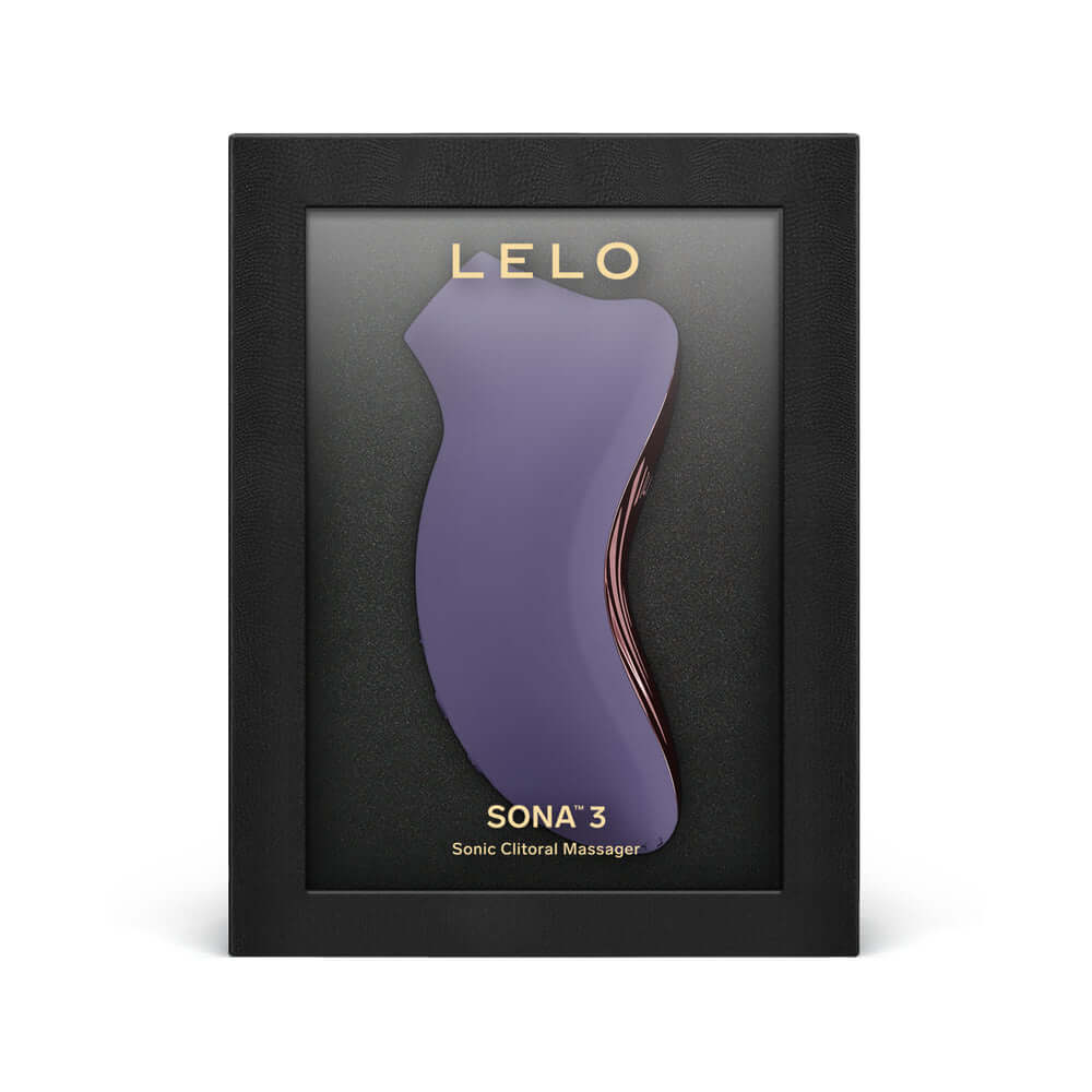 LELO SONA 3 Sonic Clitoral Massager Purple displayed in packaging on a black background.