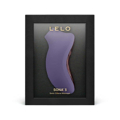 LELO SONA 3 Sonic Clitoral Massager Purple displayed in packaging on a black background.