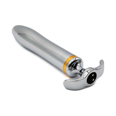 Fly Me To The Moon Metal Vibrator in sleek silver design with golden accents.
