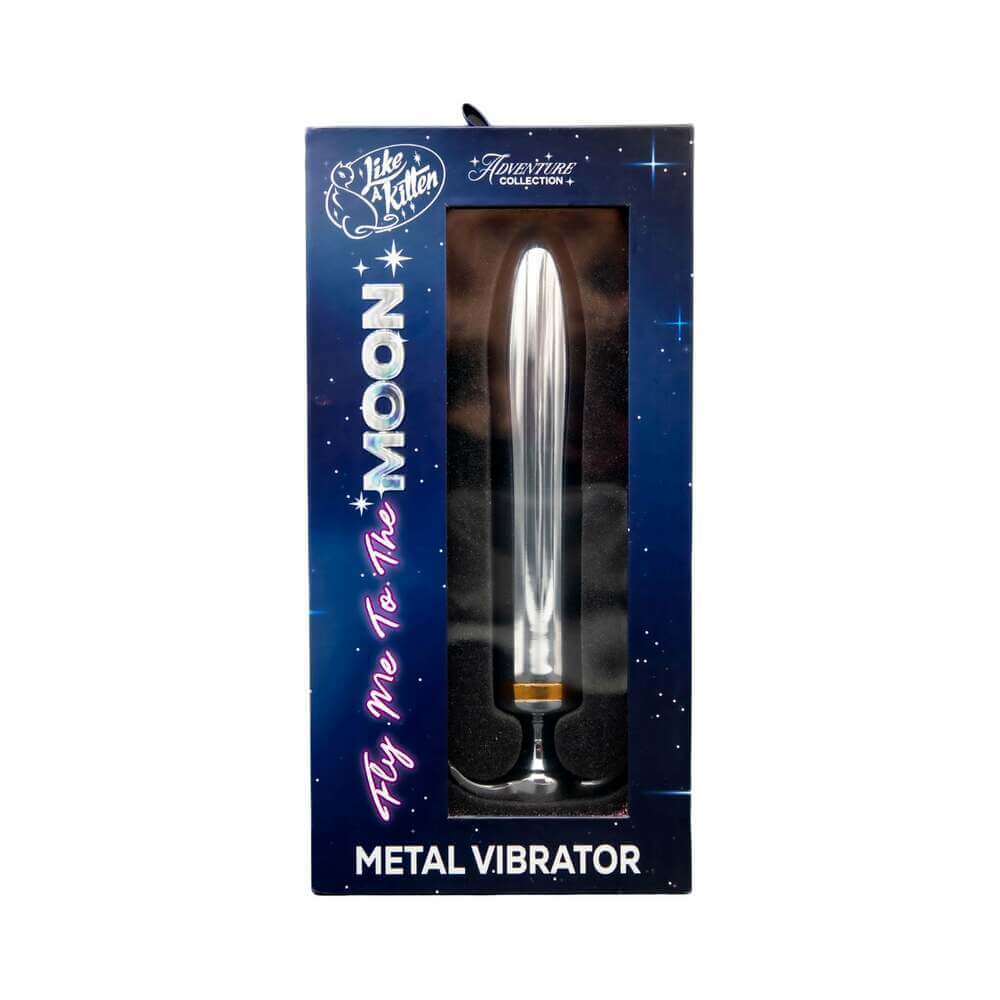 Fly Me To The Moon Metal Vibrator in packaging, showcasing sleek design and luxury aesthetics.