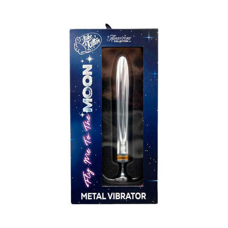 Fly Me To The Moon Metal Vibrator in packaging, showcasing sleek design and luxury aesthetics.