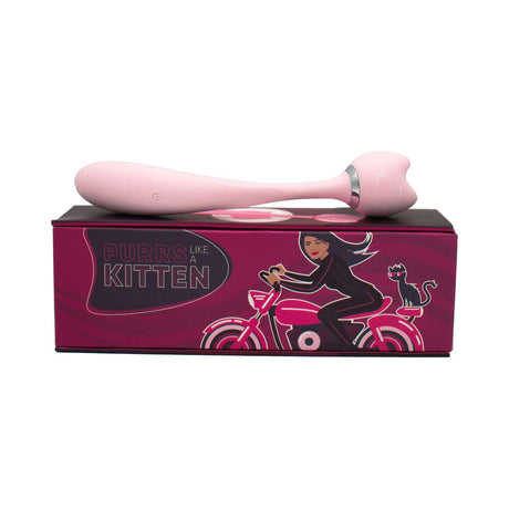 Purrs Like A Kitten Wand Vibrator displayed on its colorful packaging with a playful design.
