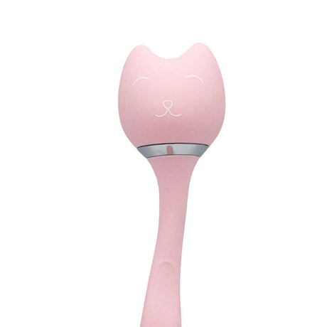 Purrs Like A Kitten Wand Vibrator in pink cat design, featuring high-quality silicone and multiple speeds.