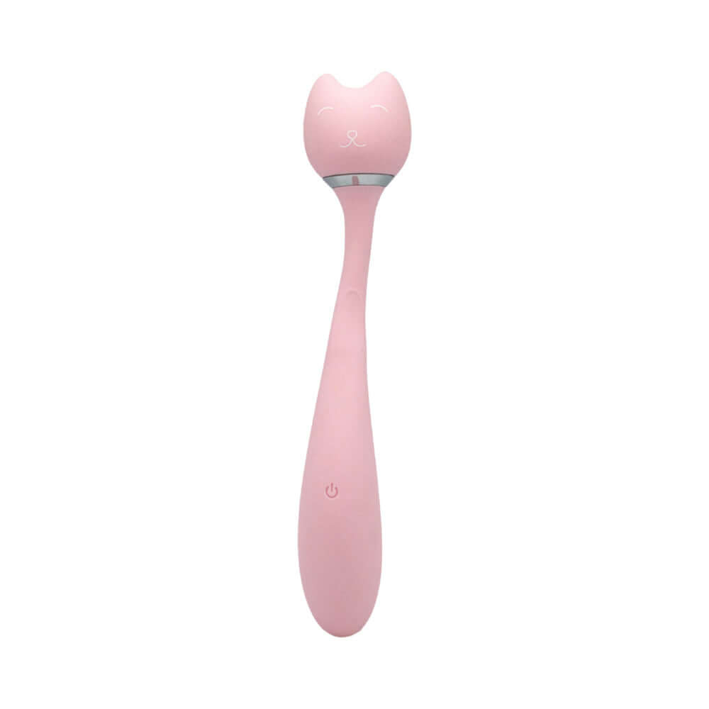Purrs Like A Kitten Wand Vibrator in pink, cat-shaped design with multiple speeds and patterns.