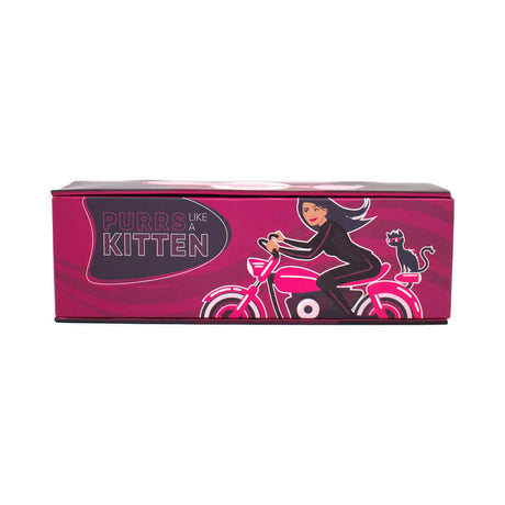 Purrs Like A Kitten Wand Vibrator packaging featuring a woman on a motorcycle with a cat.