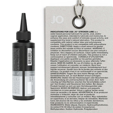 JO Stroker Lubricant 4 Oz bottle with usage instructions for optimal pleasure and glide.
