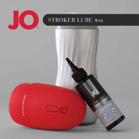 JO Stroker Lubricant 4 Oz alongside stroker toys, showcasing its perfect compatibility and design.