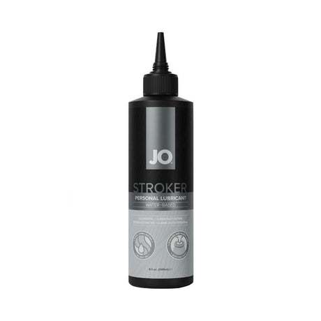 JO Stroker Lubricant 8 Oz bottle, designed for strokers and personal use, featuring a sleek black design.