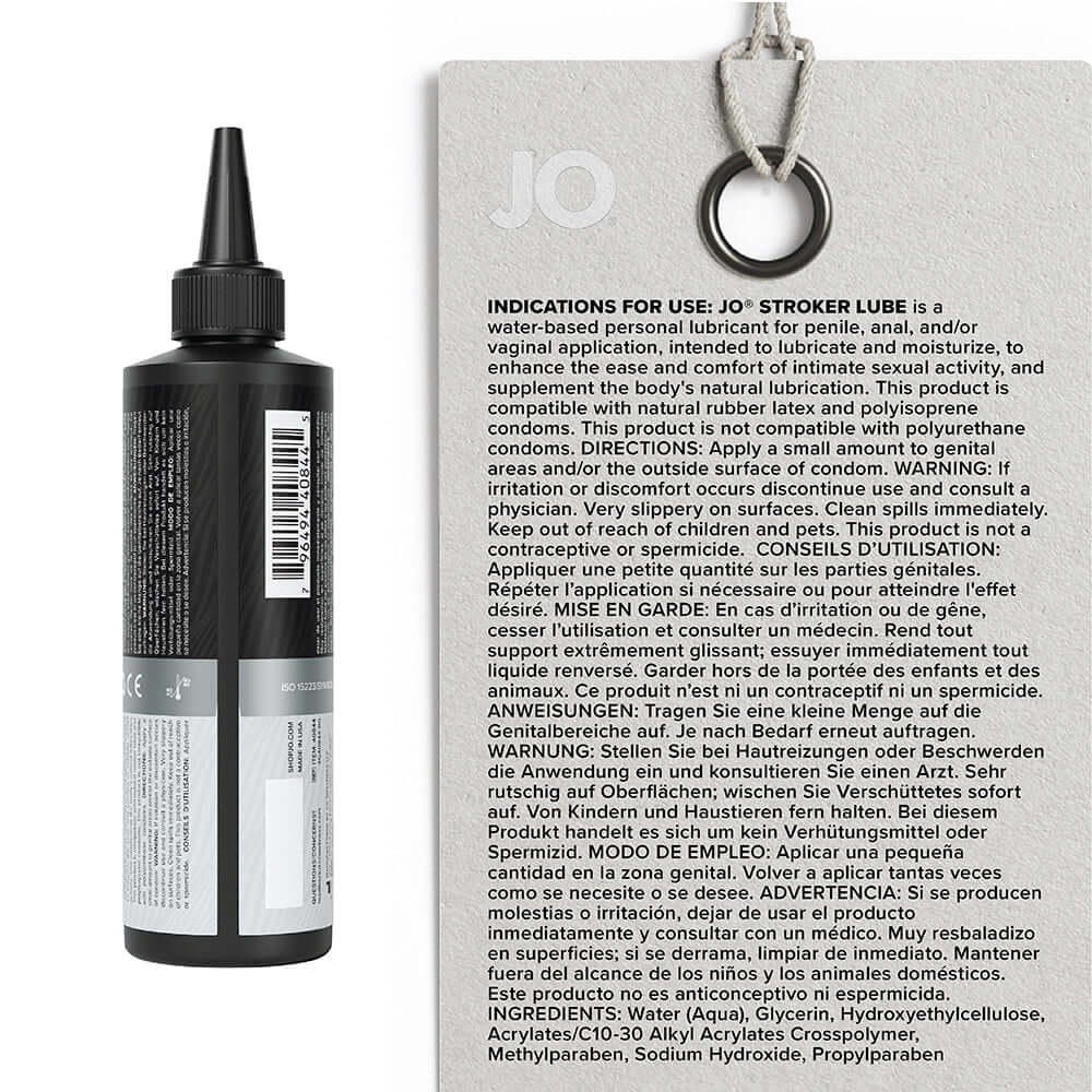 JO Stroker Lubricant 8 Oz bottle with instructions for use, water-based personal lubricant for strokers and toys.