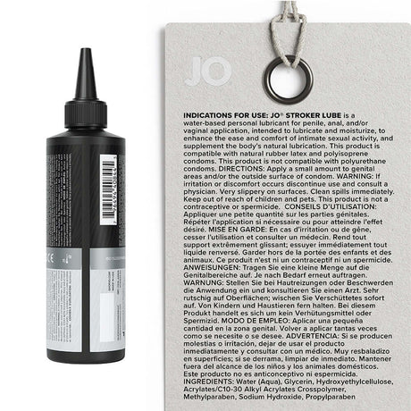 JO Stroker Lubricant 8 Oz bottle with instructions for use, water-based personal lubricant for strokers and toys.