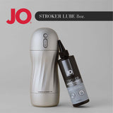 JO Stroker Lubricant 8 Oz and stroker toy on a grey background, promoting an enhanced experience.