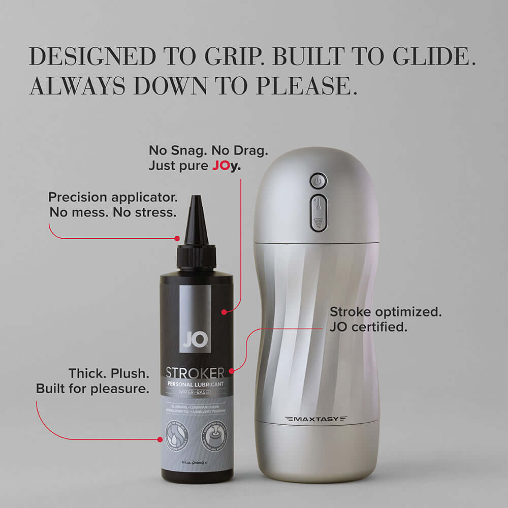 JO Stroker Lubricant 8 Oz bottle next to a stroker, showcasing the water-based formula for enhanced pleasure.