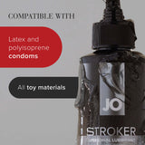 JO Stroker Lubricant 8 Oz with compatibility information for condoms and toy materials.