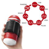 Person holding Tenga Cup Vibrator displaying vibration modes including low, mid, high, wave, and random.