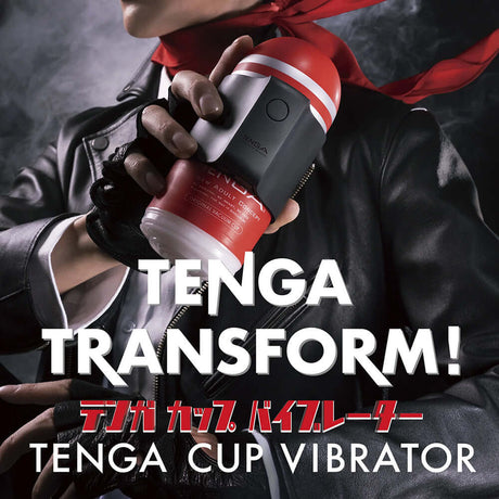Tenga Cup Vibrator showcased in a dynamic pose with vibrant design and bold text promoting transformation.