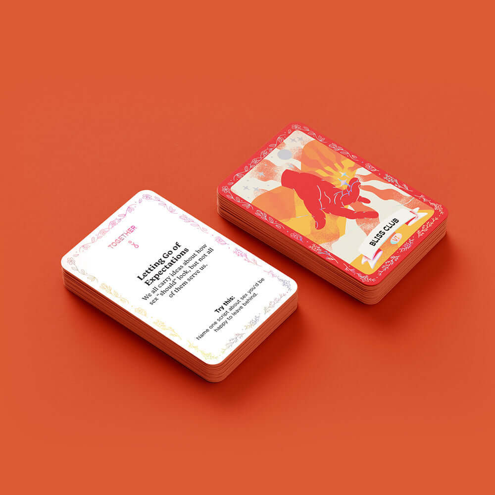 Biird x Jouissance Club Together Couples Card Game showing 180 conversation and activity cards on an orange background.