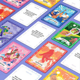 Colorful cards from the Biird x Jouissance Club Together Couples Card Game showcasing conversation prompts and activities.