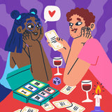 Couple enjoying Biird x Jouissance Club Together Couples Card Game at a table with conversation cards and candles.