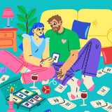 Couple enjoying the Biird x Jouissance Club Together Couples Card Game at home, surrounded by cards and drinks.