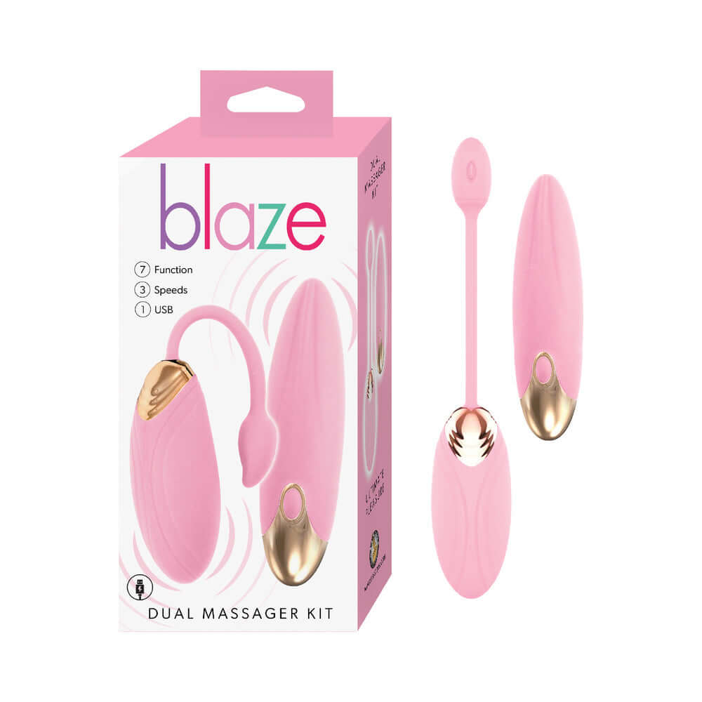 Blaze Dual Massager Kit Pink packaging showcasing a dual-function, body-safe silicone massager kit.