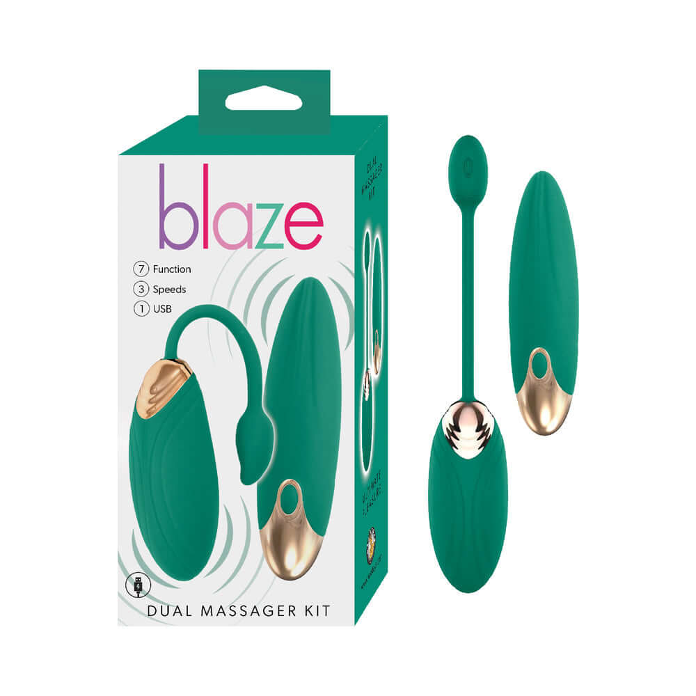 Blaze Dual Massager Kit Green packaging featuring two massagers and specifications for function, speeds, and USB.