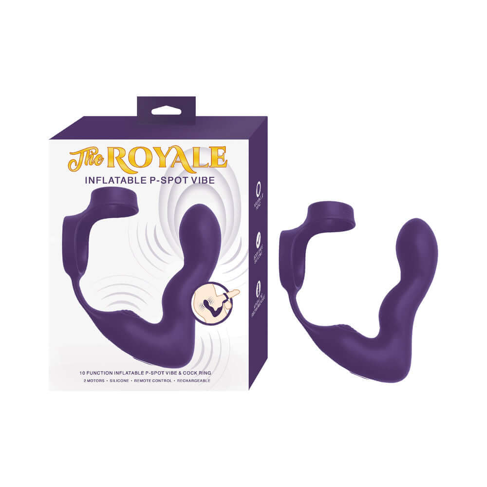 The Royale Inflatable P-Spot Vibe Purple in packaging, showcasing its ergonomic design for customizable stimulation.