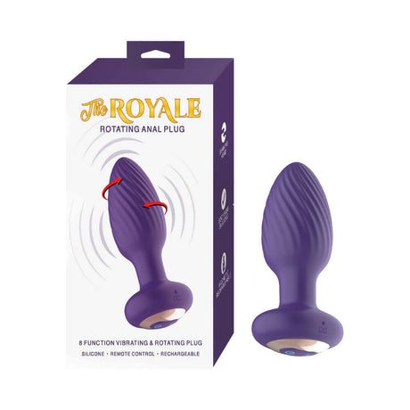 The Royale Rotating Anal Plug Purple packaging showcasing its features and design with 8 function settings.